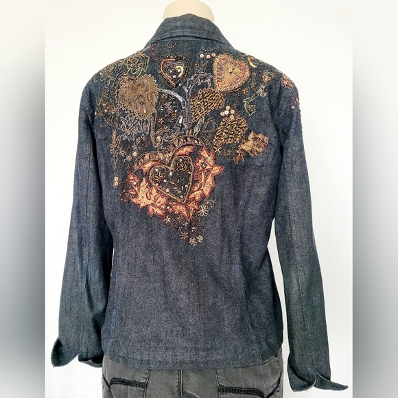 Chico's Women's Dark Blue Denim Embroidered Beaded Jacket 99%Cotton 1/Small - Picture 13 of 16
